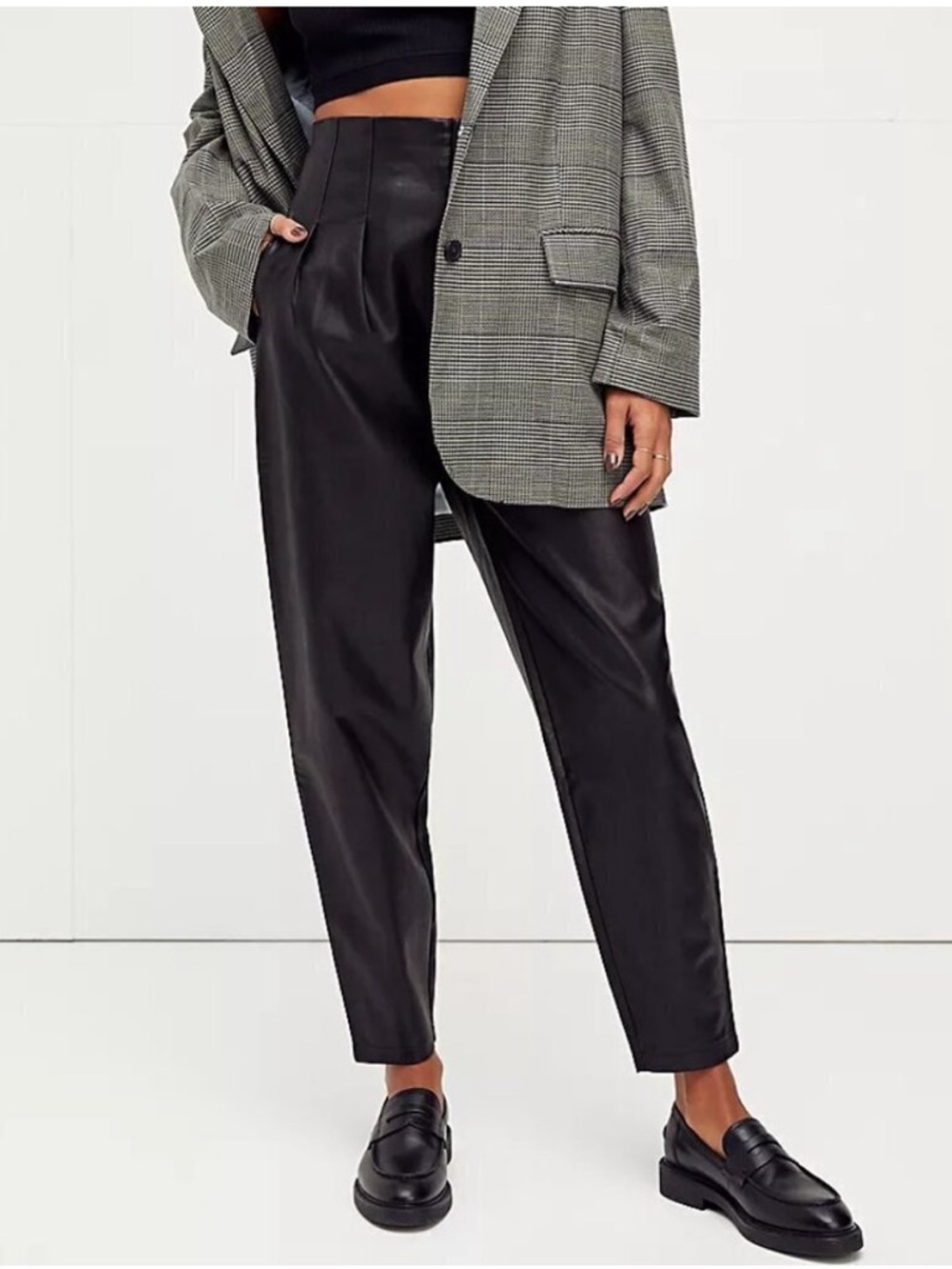 Free People Cecily Pleated Solid Black Faux Leather Ankle Pants Trousers Classic